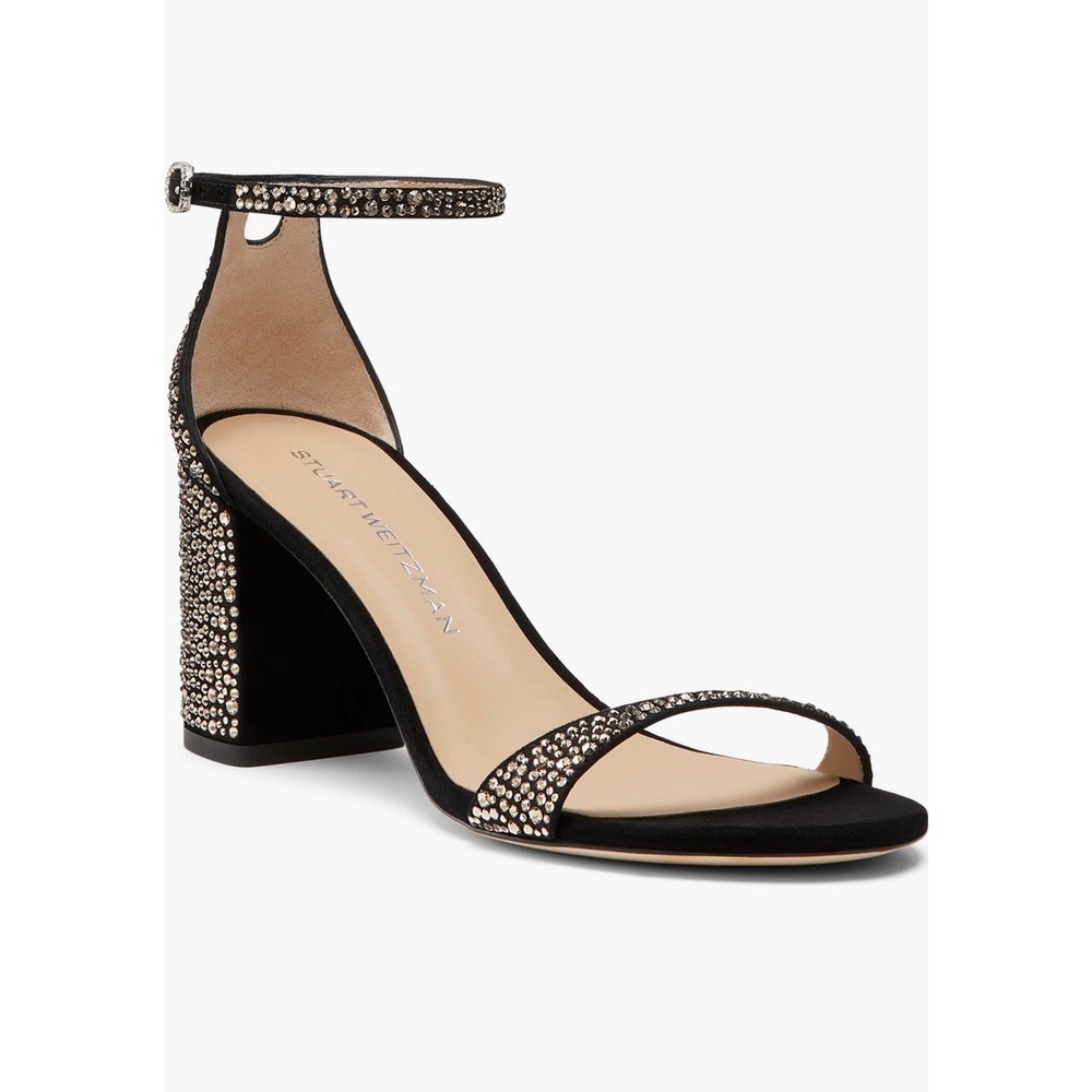NIB Stuart Weitzman Nudist Shine Block 75 Crystal Sandal Black Sz 10 $795‎